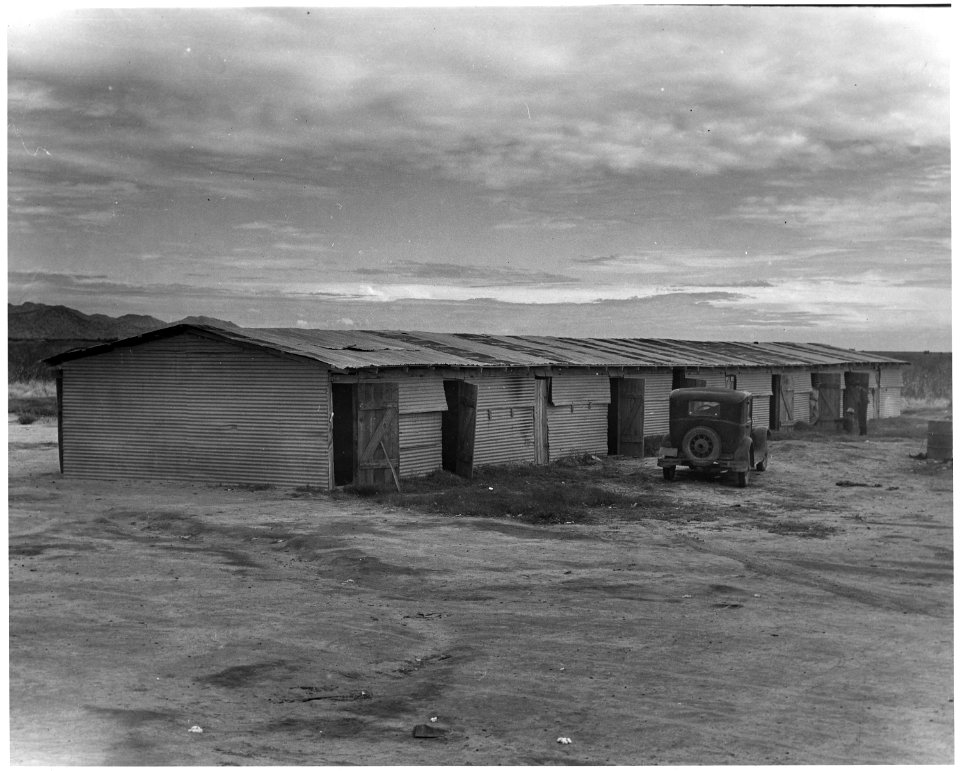 Near Buckeye, Maricopa County, Arizona. Cotton pickers' barracks. Double row of 20 single-room apart . . . - NARA - 522490