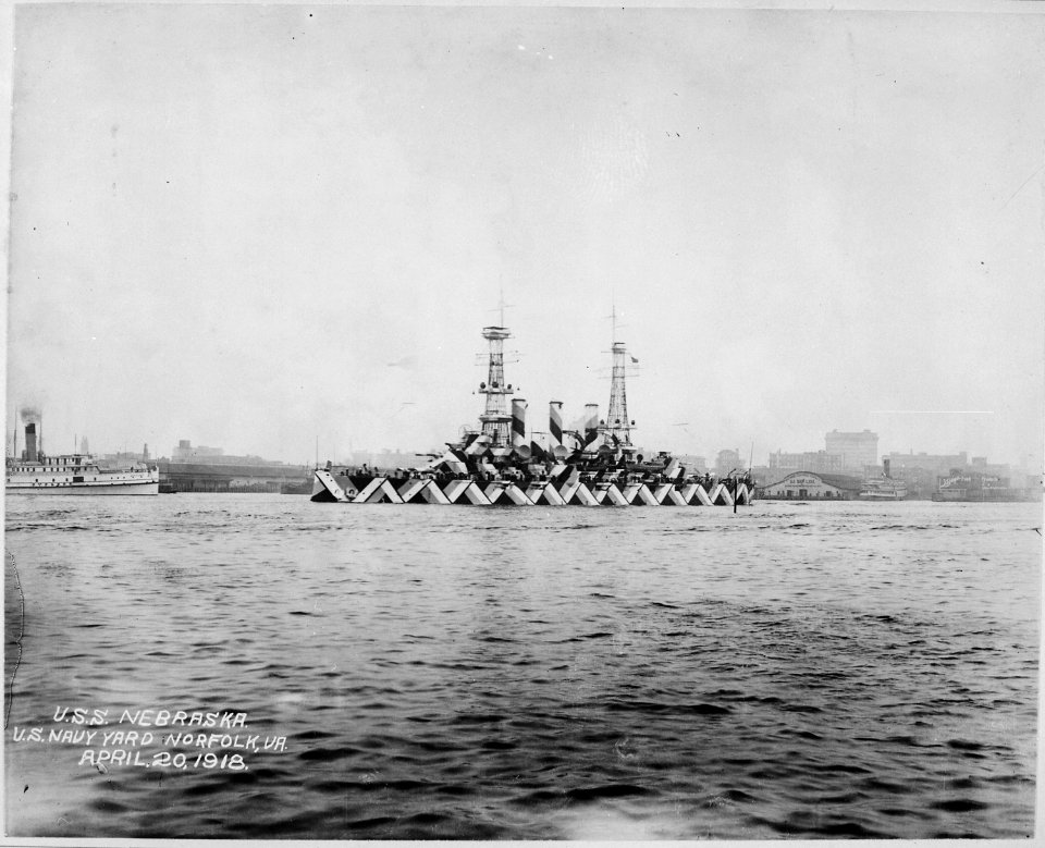 Nebraska (BB14). Port bow, camouflaged, Norfolk, 04-20-1918 - NARA - 533703