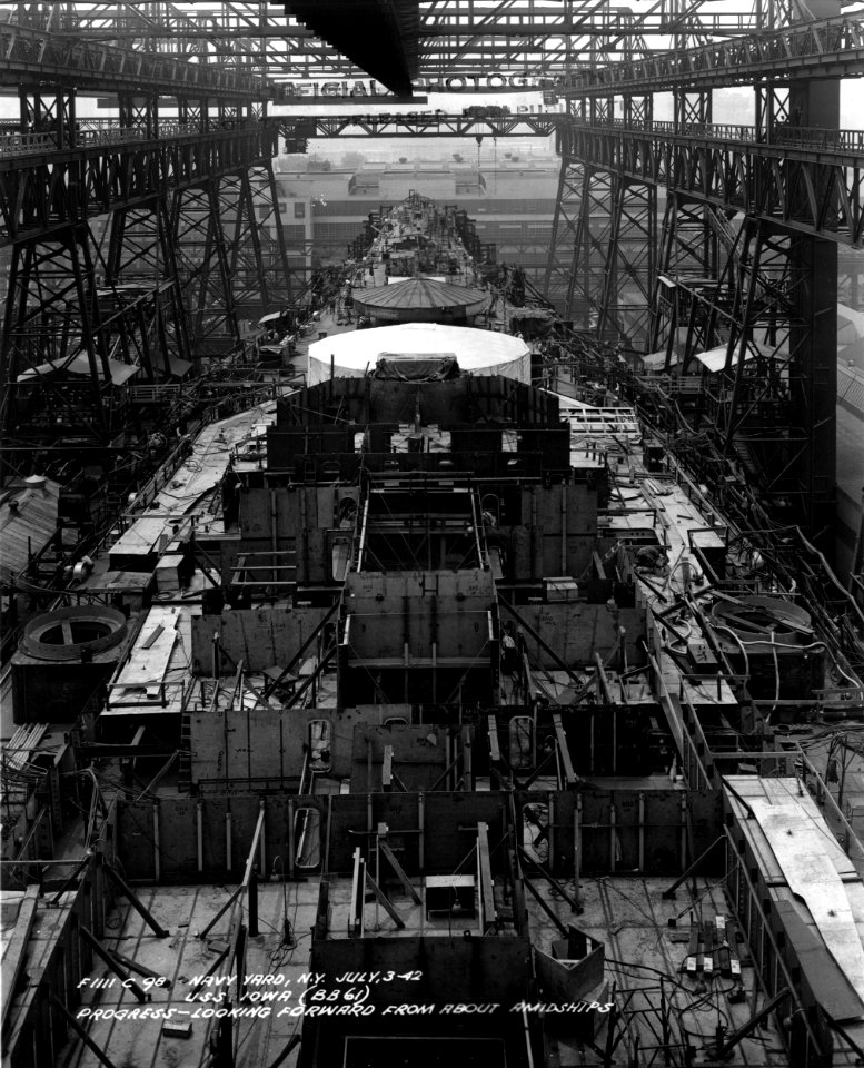 Navy Yard, N.Y. July, 3-42 U.S.S. Iowa (BB61) progress-looking forward from about amidships