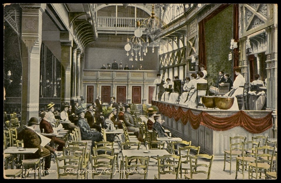 Nederlands Panopticum, Amstelstraat 16-18. Concertzaal. Uitgave Dr. Trenkler Co. Leipzig, Afb PBKD00251000001