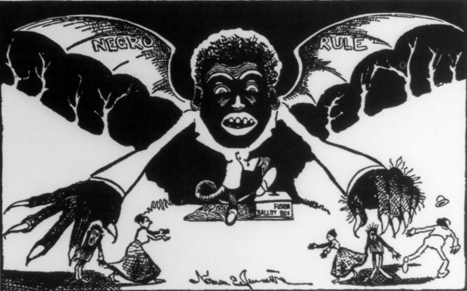 Negro Rule detail, Cartoon used in the campaign for the ratification of the North Carolina disfranchising constitution- shows hideous Negro vampire bat Negro Rule rising from a fusion (3rd party) ballot LCCN2007681651 (cropped)