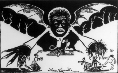 Negro Rule detail, Cartoon used in the campaign for the ratification of the North Carolina disfranchising constitution- shows hideous Negro vampire bat Negro Rule rising from a fusion (3rd party) ballot LCCN2007681651 (cropped)