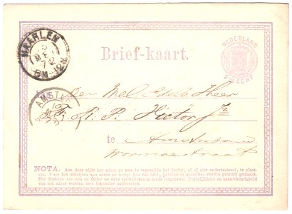 Netherlands 1872-05-13 postal card G1 Haarlem-Amsterdam
