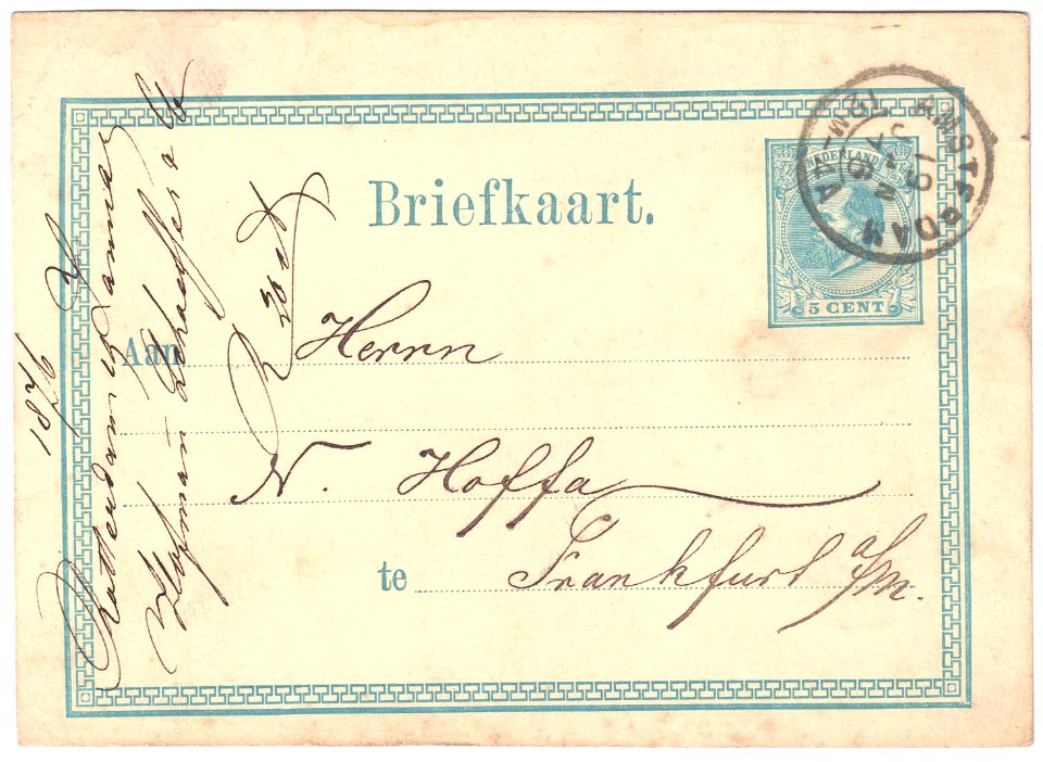 Netherlands 1876 5c postal card G10 Amsterdam-Frankfurt