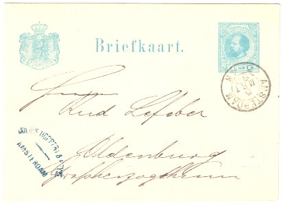 Netherlands 1880-03-06 5c postal card G16 Amsterdam-Oldenburg