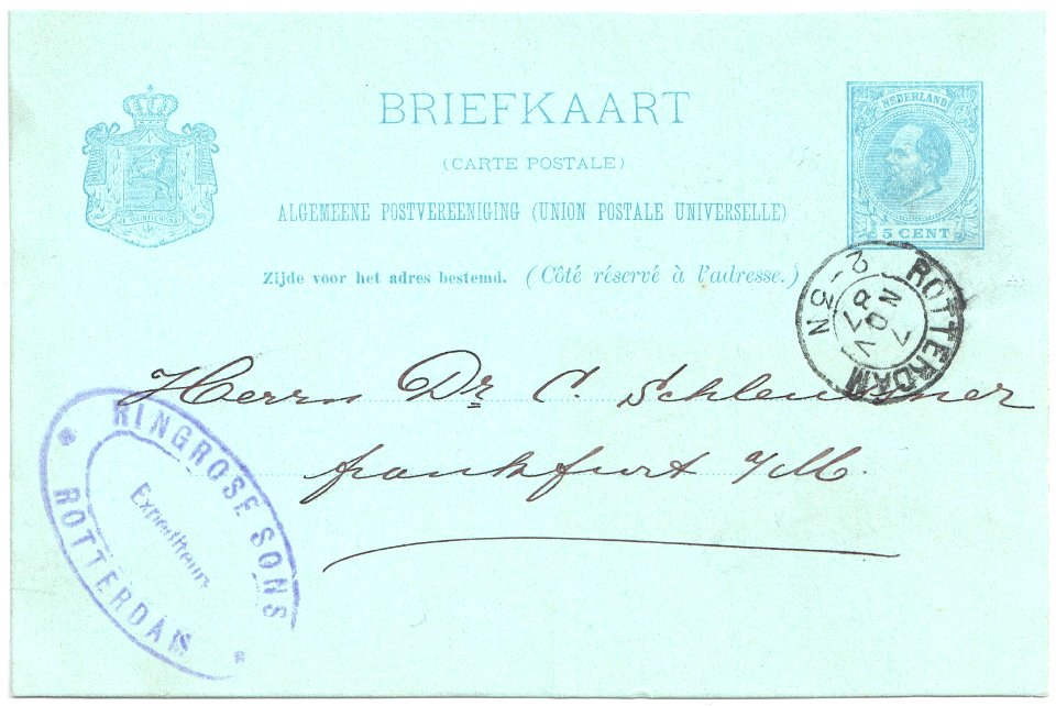 Netherlands 1887-11-07 5c postal card Rotterdam-Frankfurt G27