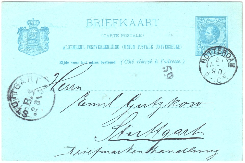 Netherlands 1890-05-21 5c postal card Rotterdam-Stuttgart G27