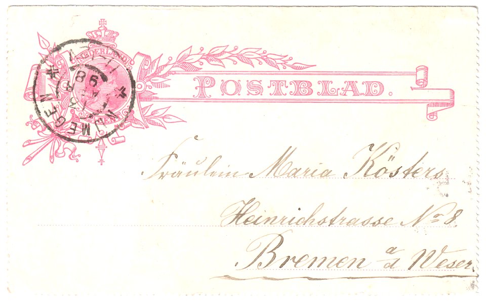 Netherlands 1896 lettercard 12.5c used G7x Nijmegen-Bremen