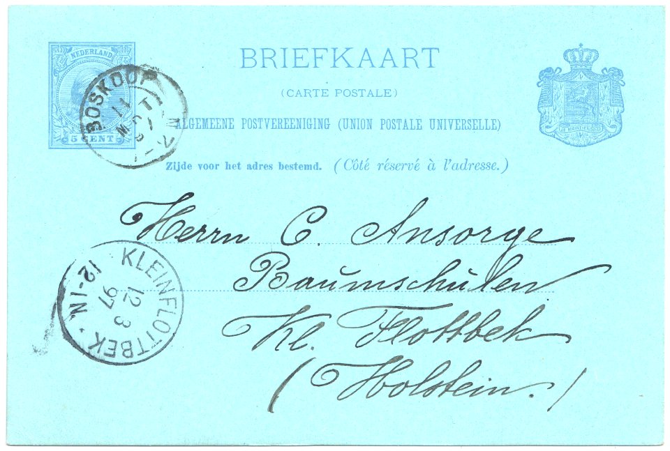 Netherlands 1897-03-11 5c postal card Boskoop-Kleinflottbek G36