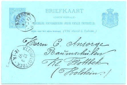 Netherlands 1897-03-11 5c postal card Boskoop-Kleinflottbek G36
