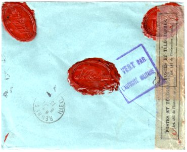 Netherlands 1915-10-26 censored cover Leiden-Rennes reverse