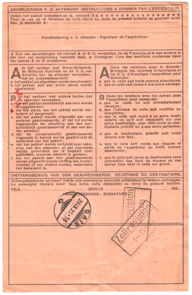 Netherlands 1925-09-25 parcel card Amsterdam-Gais reverse