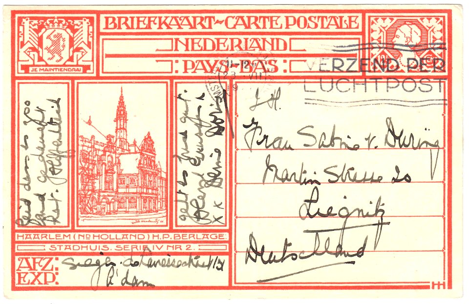 Netherlands 1926-07-23 12.5c postal card Amsterdam-Liegnitz G199h