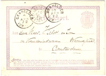 Netherland 1872-04-10 postal card Den Helder-Amsterdam