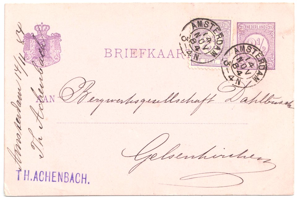 Netherlands 1884-11-14 2.5c uprated postal card Amsterdam-Gelsenkirchen G23