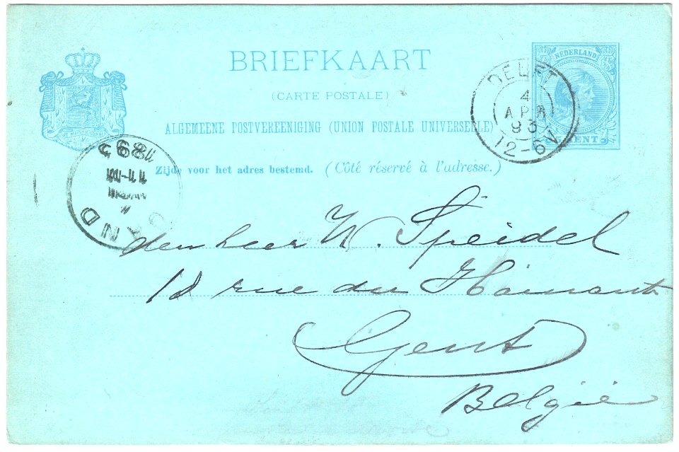 Netherlands 1893-04-04 5c postal card Delft-Gent G31