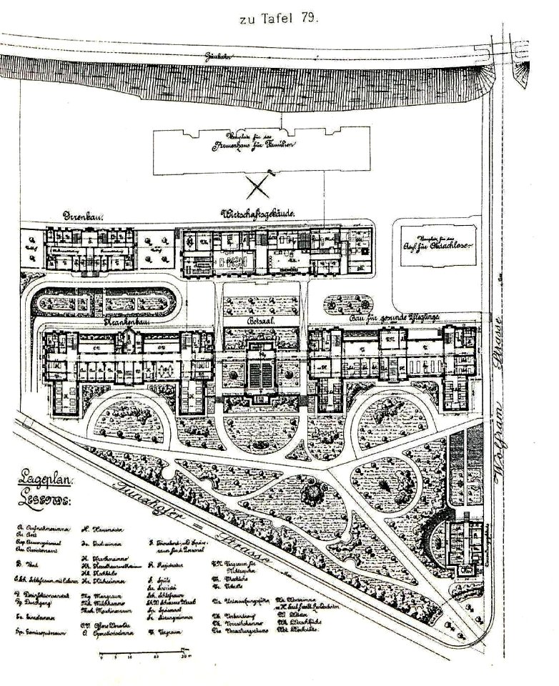 Neues Bürgerhospital in Stuttgart, Architekten Stadtbaurat Mayer u. Bauinspektor Pantle, Stuttgart, Grundriss, Tafel 79, Kick Jahrgang I