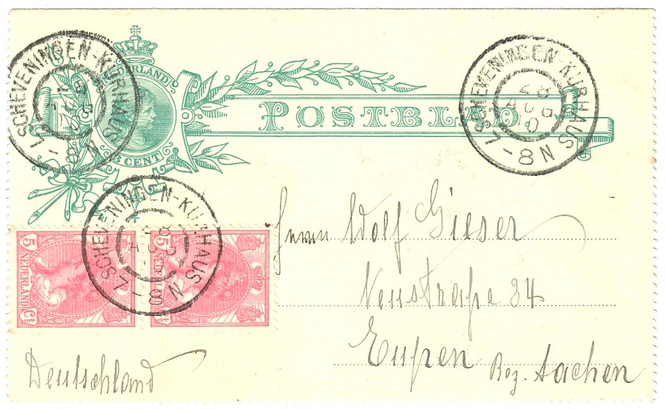 Netherlands 1896 letter card 3c used G3y Scheveningen-Eupen