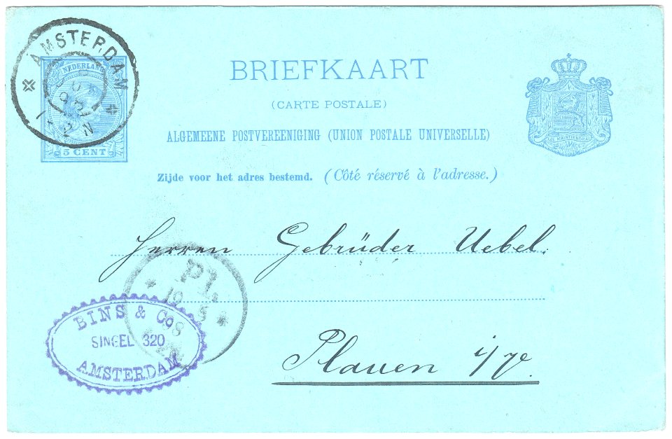 Netherlands 1898-06-18 5c postal card Amsterdam-Plauen G36