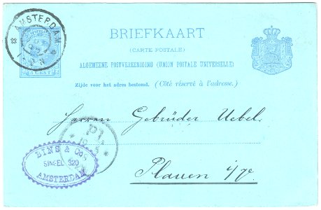Netherlands 1898-06-18 5c postal card Amsterdam-Plauen G36