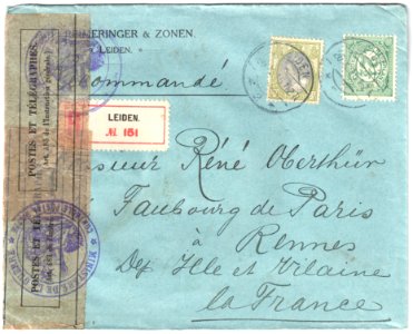 Netherlands 1915-10-26 censored cover Leiden-Rennes