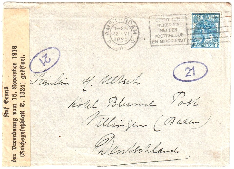 Netherlands 1920-06-22 cover Amsterdam-Villingen