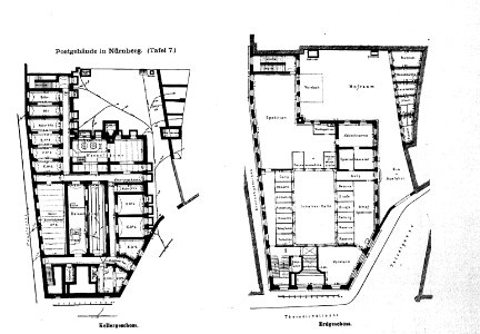 Neues Postgebäude, Theresienstraße 11, Nürnberg, Königl.Landesbauamt Nürnberg, Tafel 7,Kick Jahrgang II, Grundriss 2
