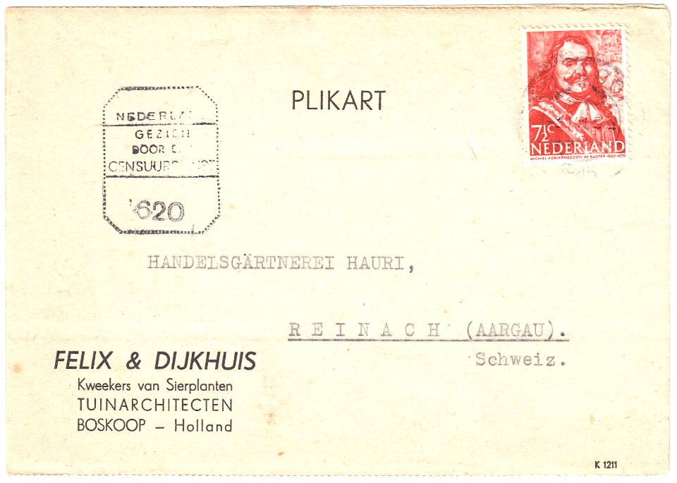Netherlands 1945-08-02 censored postcard Boskoop-Reinach