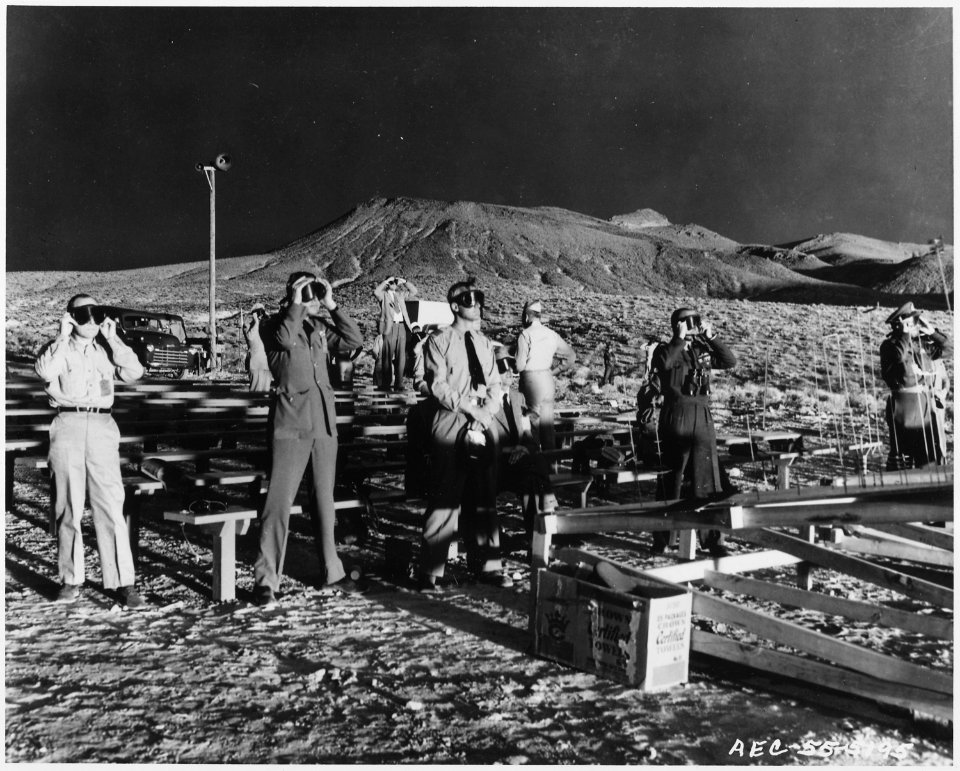 Nevada Test Site...Members of the party of 17 Canadian and United Kingdom observers at the 400-foot tower shot at... - NARA - 558598