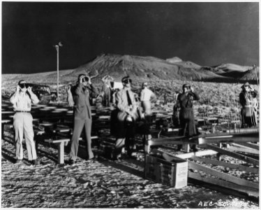 Nevada Test Site...Members of the party of 17 Canadian and United Kingdom observers at the 400-foot tower shot at... - NARA - 558598