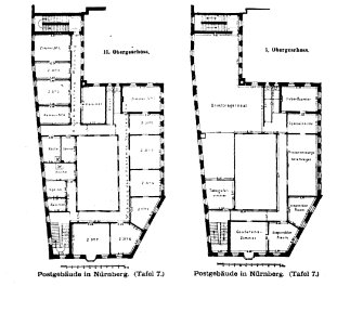 Neues Postgebäude, Theresienstraße 11, Nürnberg, Königl.Landesbauamt Nürnberg, Tafel 7,Kick Jahrgang II, Grundriss 1