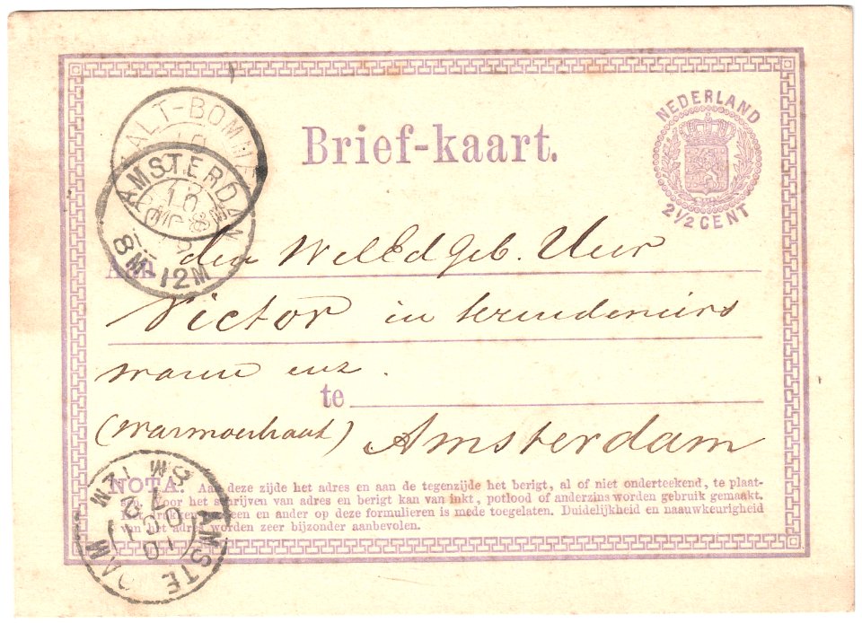Netherlands 1872-10-10 postal card Zaltbommel-Amsterdam