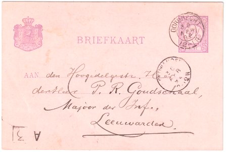 Netherlands 1892-04-30 2.5c postal card Dordrecht-Leeuwarden G23