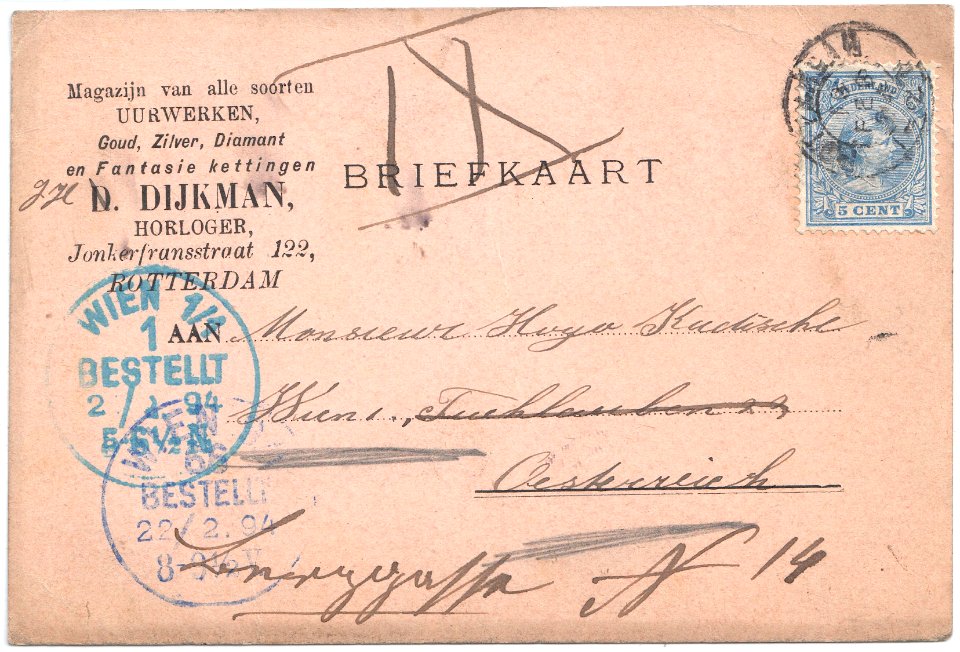 Netherlands 1894-02-19 postcard Rotterdam-Vienna