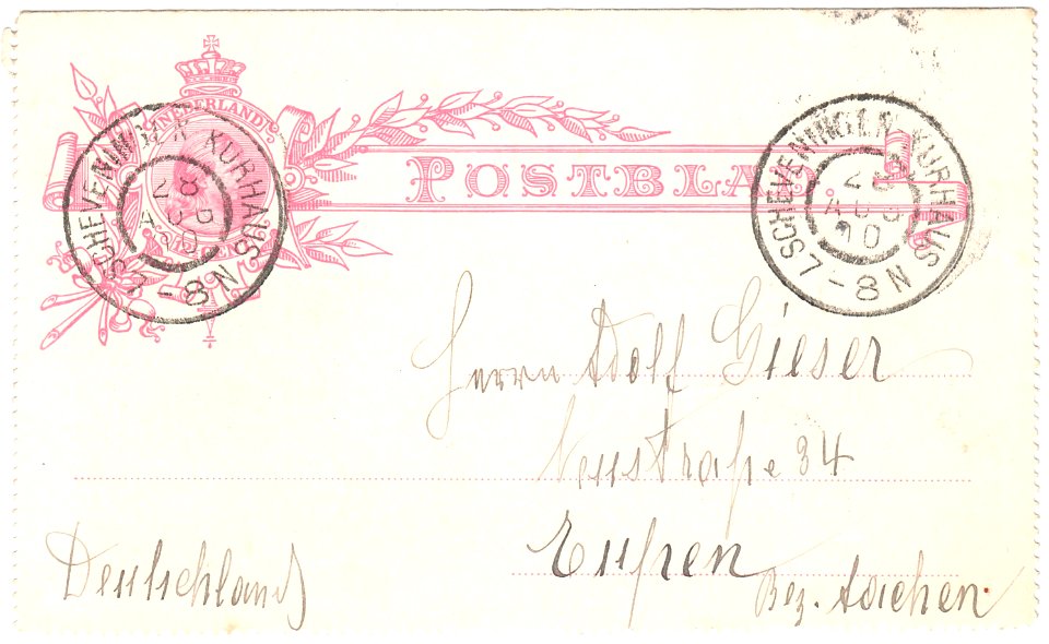 Netherlands 1896 letter card 12.5c used G7y Scheveningen-Eupen