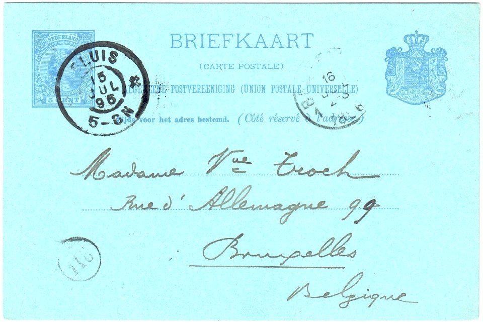 Netherlands 1896-07-15 5c postal card Sluis-Brussels G29