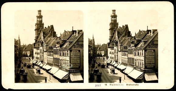 Neue Photographische Gesellschaft Stereoskopie 1907, Hannover 10 Breitestraße Bildseite Große Wallstraße Georgswall Alte Kanzlei Aegidienkirche Köbelingerstraße Buchdruckerei J. H. Bähre König & Ebhardt