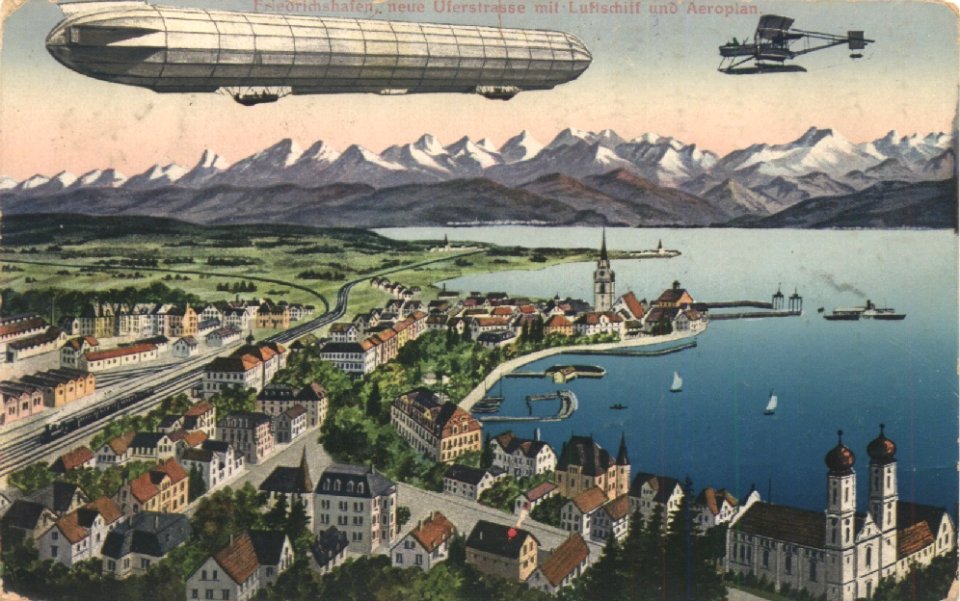 Neue Uferstrasse mit Luftschiff 1916