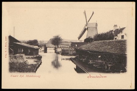 Middenweg (voormalige). Nu Frederik Hendrikstraat. Met molen de Eenhoorn. Uitgave N.J. Boon, Amsterdam, Afb PBKD00026000007