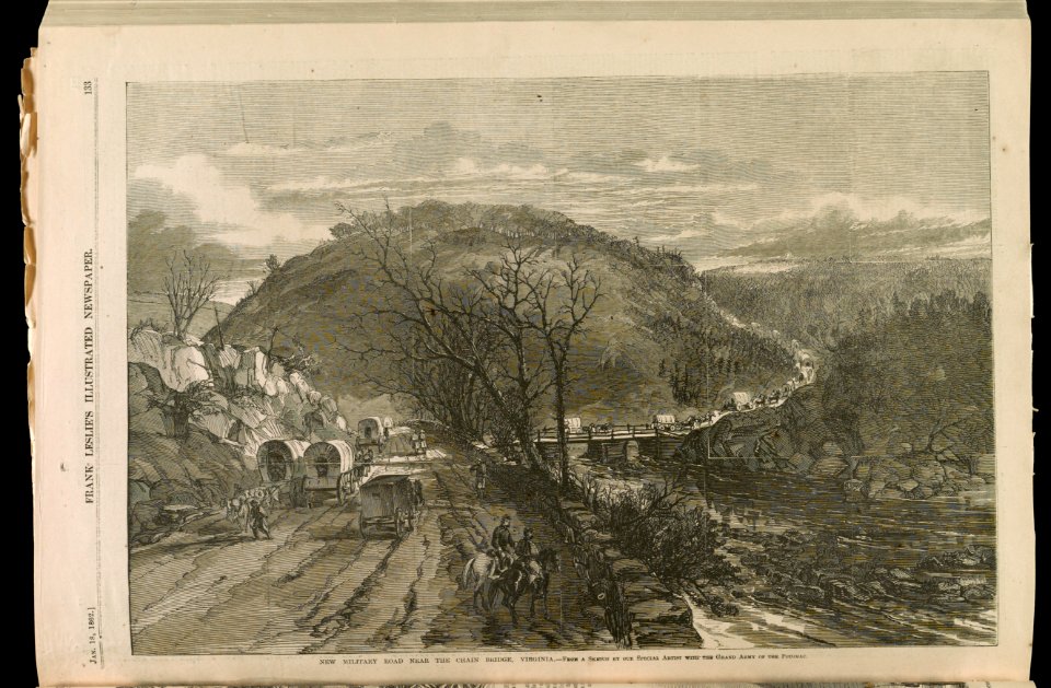 New military road near the Chain Bridge, Virginia - From a sketch by our Special Artist with the Grand Army of the Potomac. LCCN2013650188