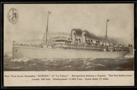 New twin screw steamship Europa of La Veloce Navigazione Italiana a Vapore. The Fast Italian Line Length, 450 feet. Displacement 11,000 tons. Speed about 17 miles. LCCN2013645889