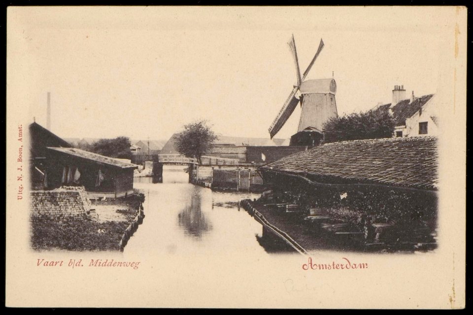 Middenweg (voormalige). Nu Frederik Hendrikstraat. Met molen de Eenhoorn. Uitgave N.J. Boon, Amsterdam photo