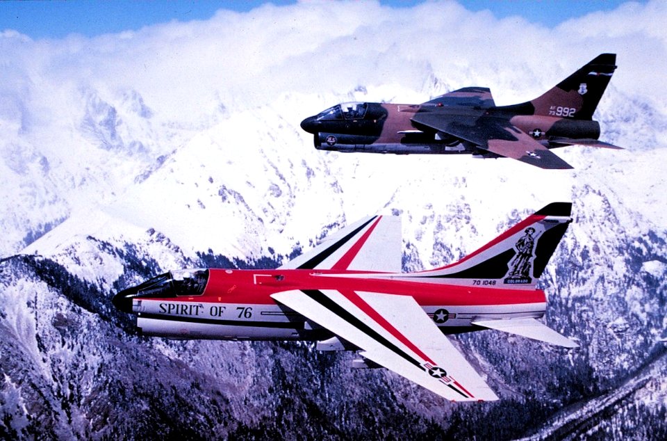New Mexico and Colorado Air National Guard A-7D Corsair IIs flying over the Rocky Mountains