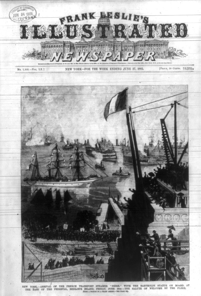New York - arrival of the French transport steamer Isere with the Bartholdi statue on board, at the base of the pedestal, Bedloe's Island, Friday, June 19th - the salute of welcome by the LCCN2001696549