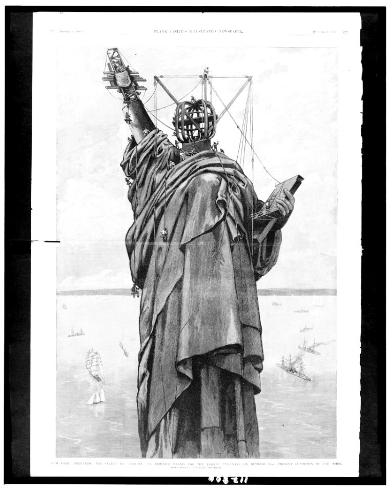 New York - Preparing the Statue of liberty on Bedloe's Island, for the formal unvailing (sic) on October 28th - Present condition of the work - from a sketch by a staff artist. LCCN95503445
