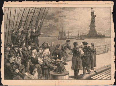 New York - Welcome to the land of freedom - An ocean steamer passing the Statue of Liberty- Scene on the steerage deck - from a sketch by a staff artist. LCCN97502086