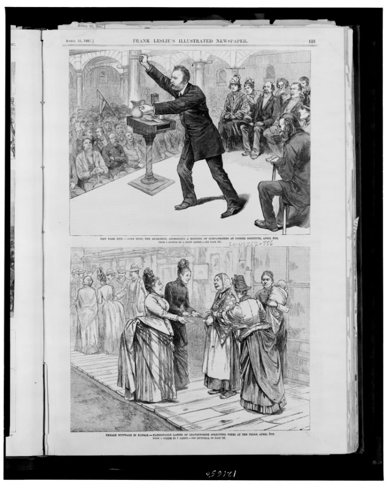 New York City - John Most, the anarchist, addressing a meeting of sympathizers at Cooper Institute, April 4th - from a sketch by a staff artist. Female suffrage in Kansas - fashionable LCCN98511263
