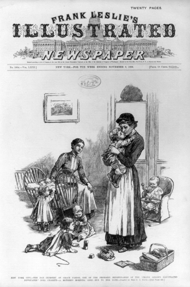 New York City - The day nursery of Grace Parish, one of the proposed beneficiaries of the Frank Leslie's Illustrated Newspaper doll charity - A mother's morning good-bye to her babe LCCN99614051