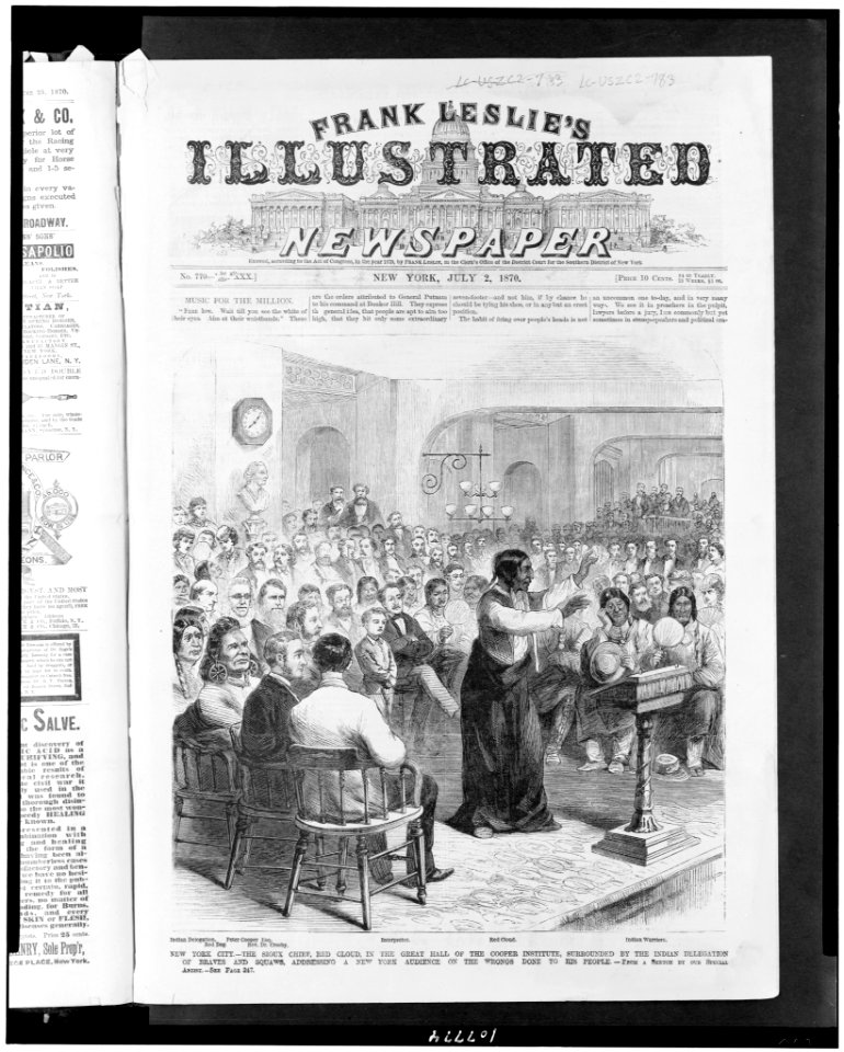 New York City - the Sioux Chief, Red Cloud, in the Great Hall of the Cooper Institute, surrounded by the Indian delegation of braves and squaws, addressing a New York audience on the wrongs LCCN93511308