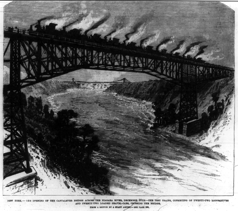 New York - the opening of the Catalever Bridge across the Niagara River, December 20th - the test trains, consisting of twenty-two locomotives and twenty-two loaded gravel-cars crossing the LCCN2007675553